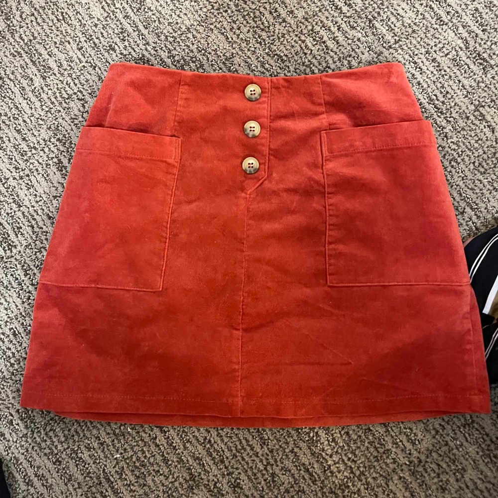 F21 red/orange faux velvet skirt